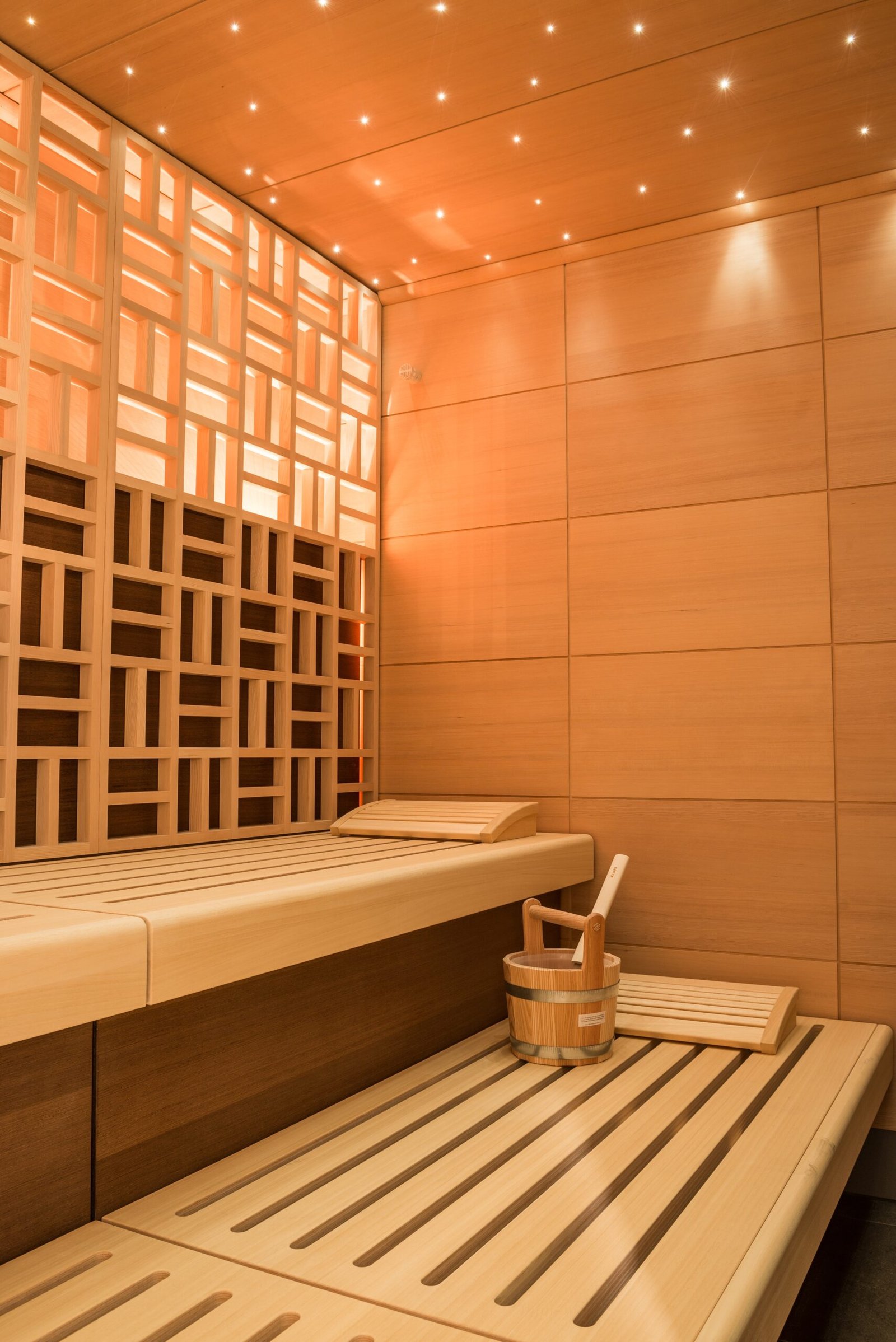 Vertical Shot Beautiful Sauna Room Design With Wall Tiles Wooden Bench Scaled